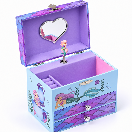 Purple mermaid musical jewellery box for girls with storage drawers