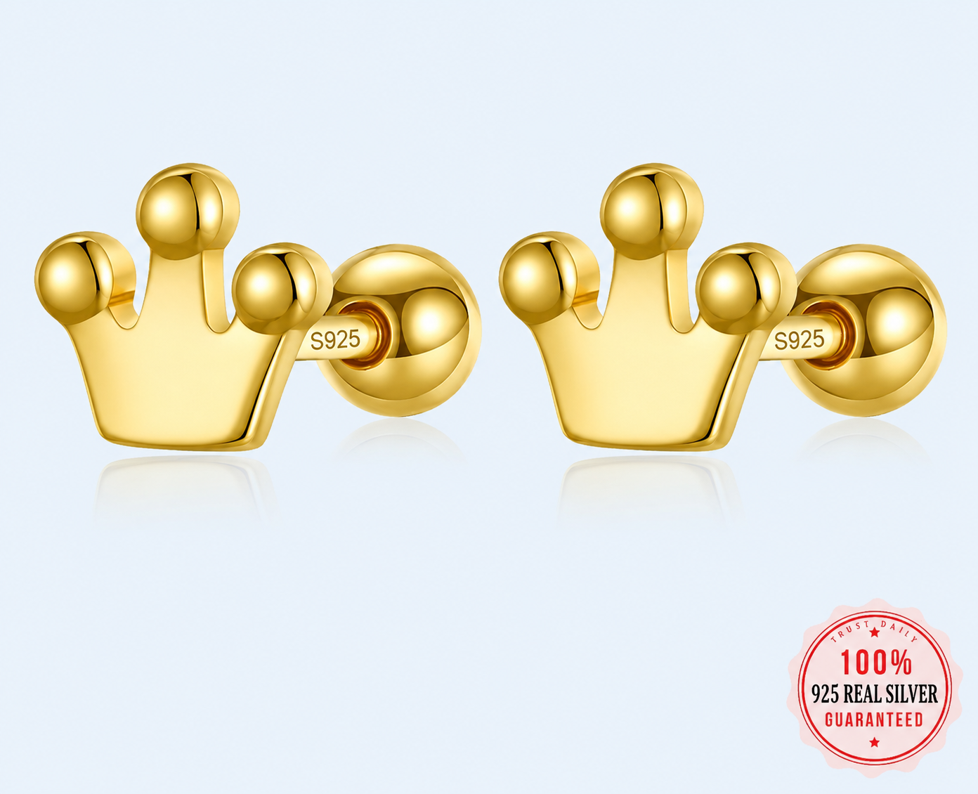 Genuine 925 sterling silver crown earrings with secure backing