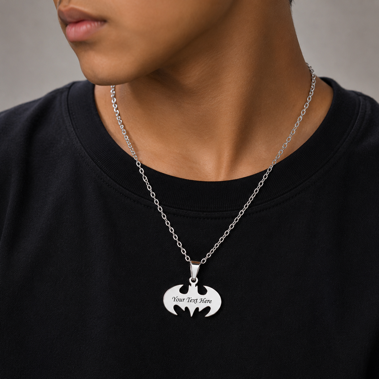 Hypoallergenic stainless steel bat necklace.