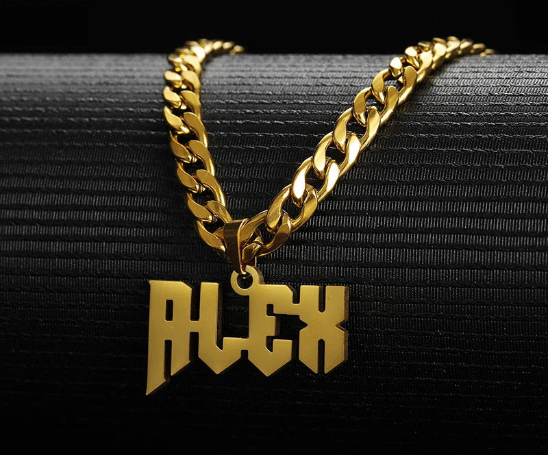 Close-up of custom name plate necklace with 5mm chain