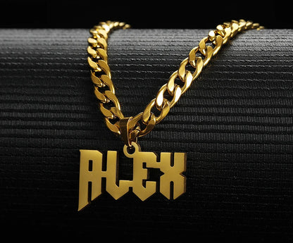Close-up of custom name plate necklace with 5mm chain