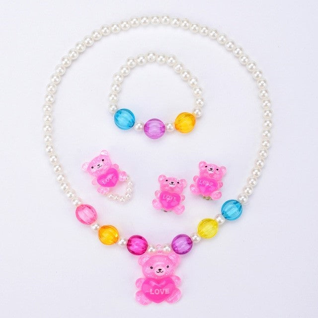 Teddy Bliss: Adorable Baby & Toddler Girls Teddy Bear Pearl Beads Set - Playful Elegance with Clip Earrings, Bracelet, Necklace & Ring! - Kids Jewellery Shop