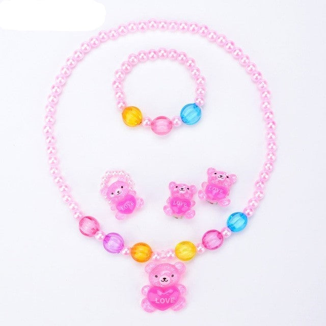 Teddy Bliss: Adorable Baby & Toddler Girls Teddy Bear Pearl Beads Set - Playful Elegance with Clip Earrings, Bracelet, Necklace & Ring! - Kids Jewellery Shop