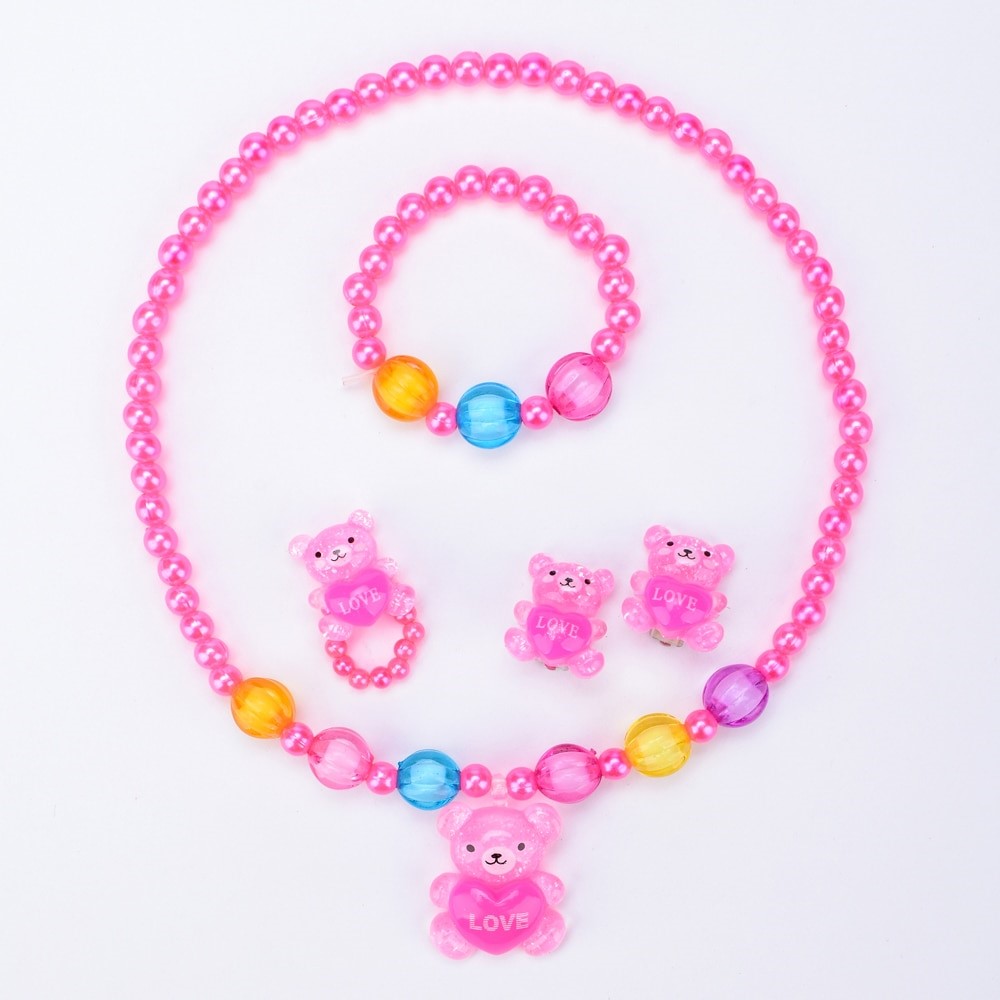 Teddy Bliss: Adorable Baby & Toddler Girls Teddy Bear Pearl Beads Set - Playful Elegance with Clip Earrings, Bracelet, Necklace & Ring!