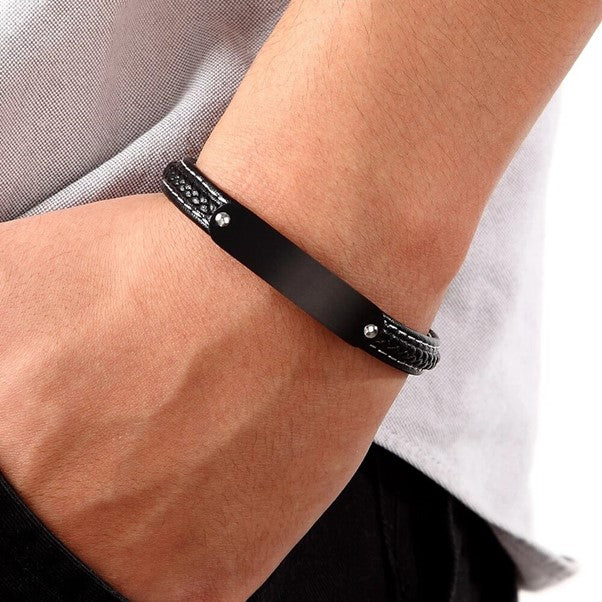 Bold Elegance: Stainless Steel Boys' Woven Black Leather Bracelet - A Timeless Gift of Style!