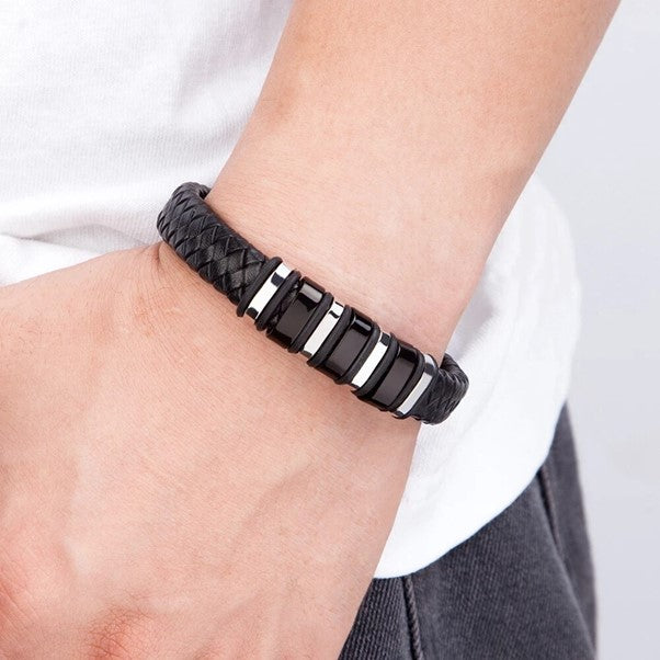 Modern Fusion: Boys, Teens Woven Black Leather and Stainless Steel Alloy Bracelet - Elevate His Style with a Striking Birthday Gift! - Kids Jewellery Shop