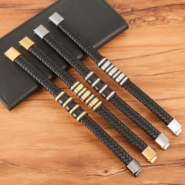 Modern Fusion: Boys, Teens Woven Black Leather and Stainless Steel Alloy Bracelet - Elevate His Style with a Striking Birthday Gift! - Kids Jewellery Shop