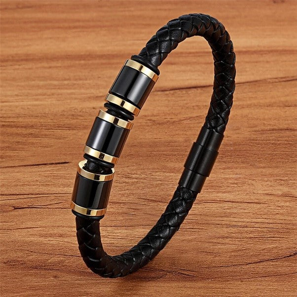 Casual Elegance: Genuine Woven Leather and Alloy Bracelet - A Stylish Gesture for Boys' Birthday Gift!