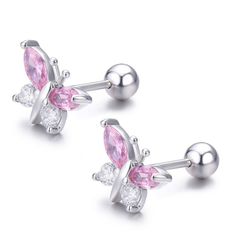 Fluttering Elegance: 925 Sterling Silver Pink CZ Butterfly Stud Earrings - Charming Screw Backs for Girls!