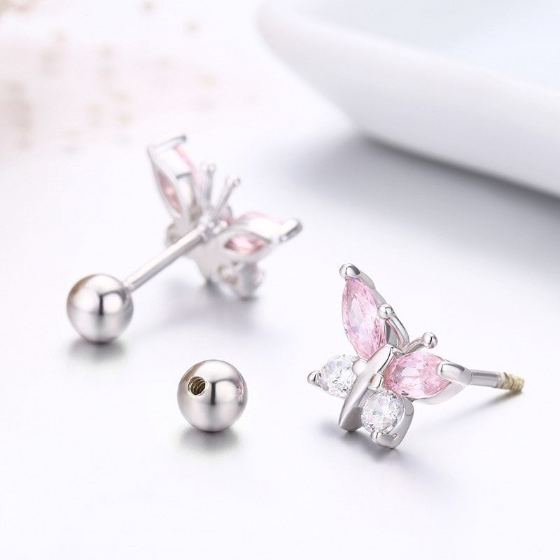 Fluttering Delight: 925 Sterling Silver Pink CZ Butterfly Screw Back Stud Earrings for Girls!