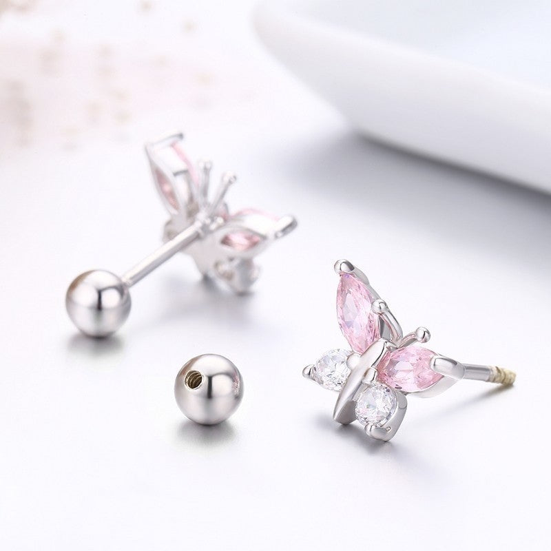 Fluttering Elegance: 925 Sterling Silver Pink CZ Butterfly Stud Earrings - Charming Screw Backs for Girls! - Kids Jewellery Shop