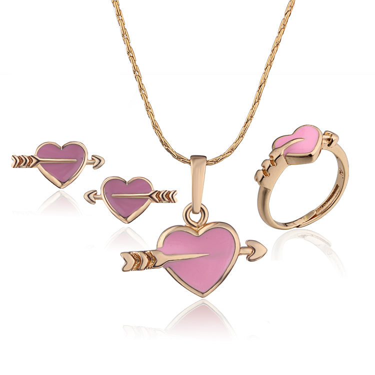 Charming 18k Gold-Plated Cupid Arrow Jewelry Set: Heart Stud Earrings, Pendant Necklace & Ring – Embrace Love's Elegance!