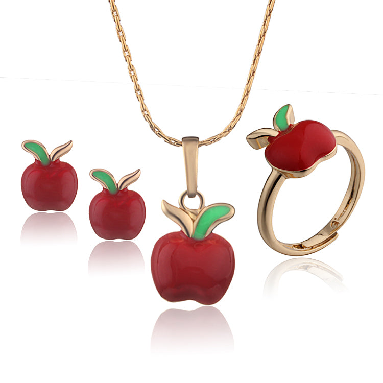 Exquisite 18k Gold-Plated Red Apple Jewelry Set: Stud Earrings, Pendant Necklace & Adjustable Ring – Embrace Elegance!
