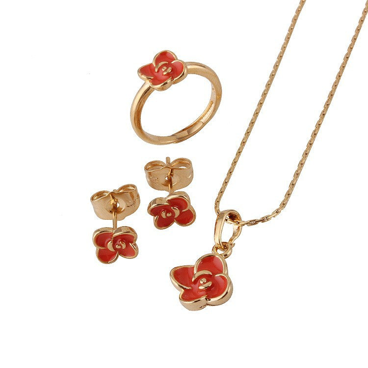 Elegant 18k Gold-Plated Rose Petal Jewelry Set: Stud Earrings, Pendant Necklace & Ring – Unveil Your Grace!