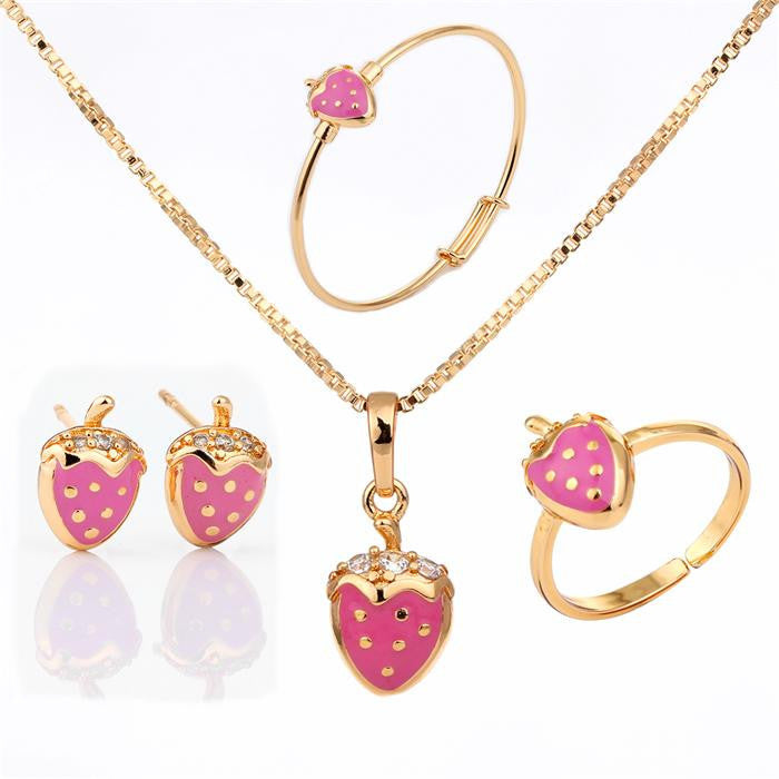 Sweet Blossoms: Baby, Toddler Girls' 18k Gold-Plated Strawberry Jewelry Set - A Pink Delight for Birthday Parties and Special Occasions!