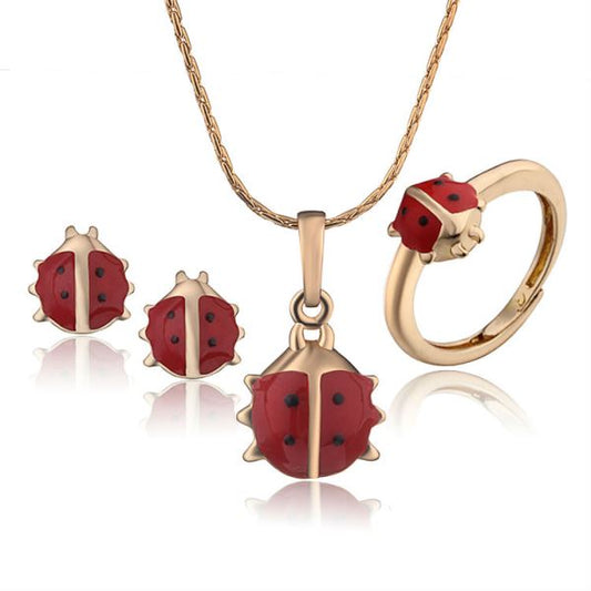 Little Ladybug Luxe: Baby, Toddlers Ladybug Earrings, Pendant Necklace, and Ring Jewelry Set in 18k Gold-Plated Splendor! - Kids Jewellery Shop