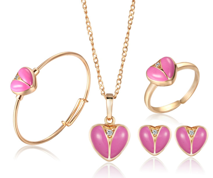 Adorned in Love: Pink Heart Jewelry Set for Girls - Stud Earrings, Pendant Necklace, Bangle & Ring in Gold - A Whimsical Ensemble of Charm
