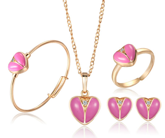 Adorned in Love: Pink Heart Jewelry Set for Girls - Stud Earrings, Pendant Necklace, Bangle & Ring in Gold - A Whimsical Ensemble of Charm - Kids Jewellery Shop
