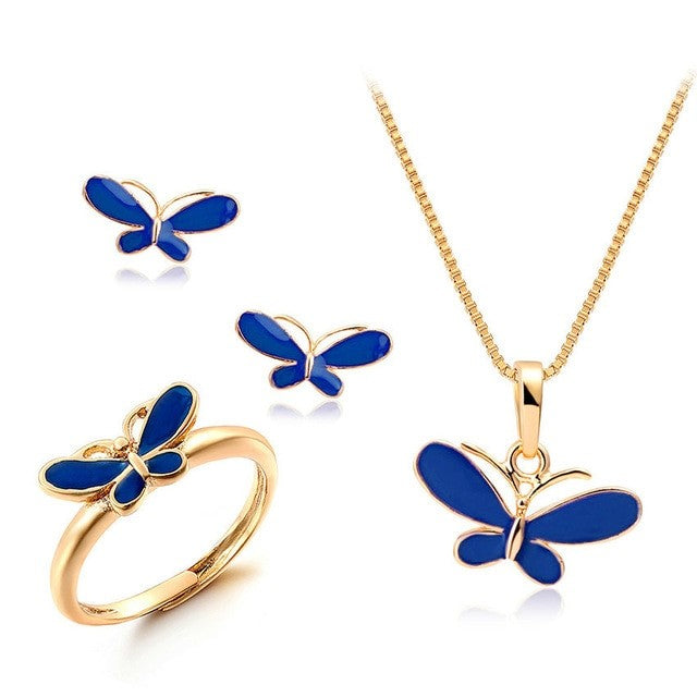 Elegant 18k Gold-Plated Blue Butterfly Jewelry Set: Earrings, Pendant Necklace & Ring – Create Lasting Memories!