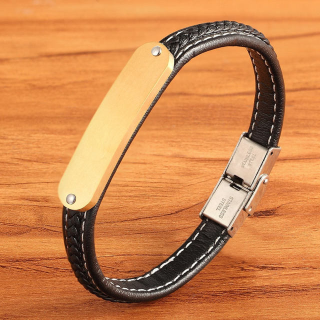 Bold Elegance: Stainless Steel Boys' Woven Black Leather Bracelet - A Timeless Gift of Style!!