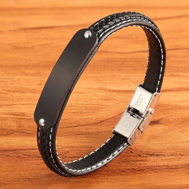 Bold Elegance: Stainless Steel Boys' Woven Black Leather Bracelet - A Timeless Gift of Style!