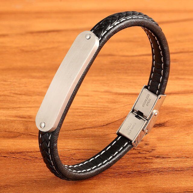 Bold Elegance: Stainless Steel Boys' Woven Black Leather Bracelet - A Timeless Gift of Style!!