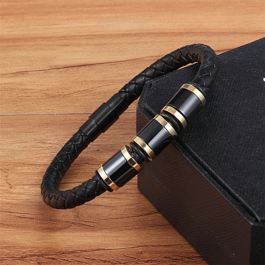 Casual Elegance: Genuine Woven Leather and Alloy Bracelet - A Stylish Gesture for Boys' Birthday Gift!