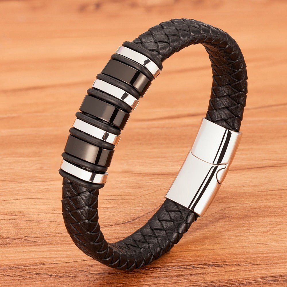Modern Fusion: Boys, Teens Woven Black Leather and Stainless Steel Alloy Bracelet - Elevate His Style with a Striking Birthday Gift! - Kids Jewellery Shop