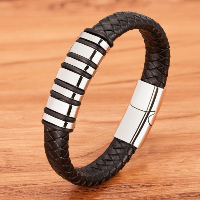 Modern Fusion: Boys, Teens Woven Black Leather and Stainless Steel Alloy Bracelet - Elevate His Style with a Striking Birthday Gift!