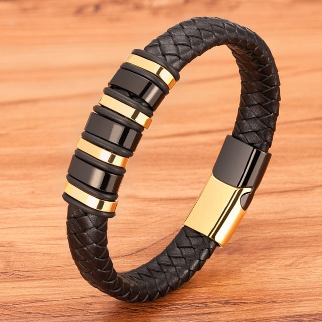 Modern Fusion: Boys, Teens Woven Black Leather and Stainless Steel Alloy Bracelet - Elevate His Style with a Striking Birthday Gift! - Kids Jewellery Shop