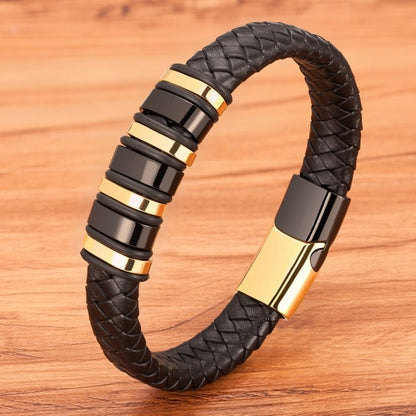 Modern Fusion: Boys, Teens Woven Black Leather and Stainless Steel Alloy Bracelet - Elevate His Style with a Striking Birthday Gift! - Kids Jewellery Shop