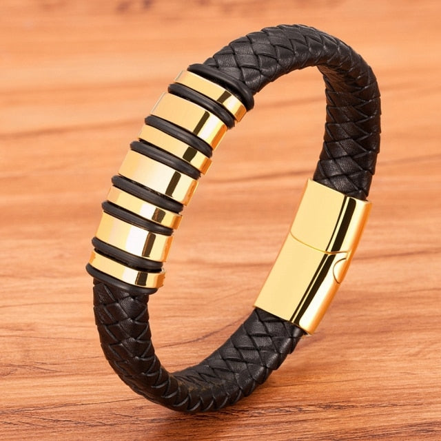 Modern Fusion: Boys, Teens Woven Black Leather and Stainless Steel Alloy Bracelet - Elevate His Style with a Striking Birthday Gift!