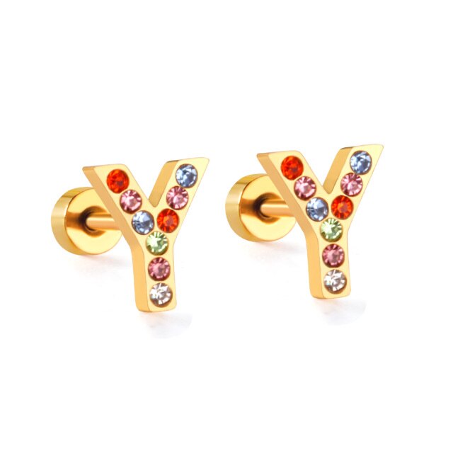 Radiant Individuality: Initials A-Z Letters Multi-Colored CZ Stones Stud Earrings - Dazzling Gifts for Girls, Teens, and Women!