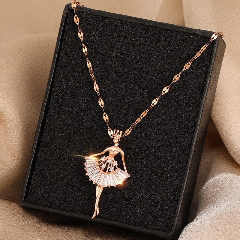 Graceful Whispers: Ballerina Girl Crystal Zircon Pendant Necklace!